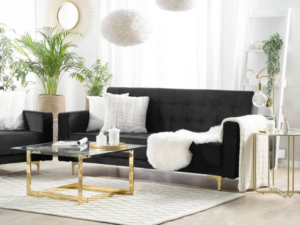 Bäddsoffa Svart Sammet Tuftad Modern Vardagsrum Modulär 3-sits Guldben