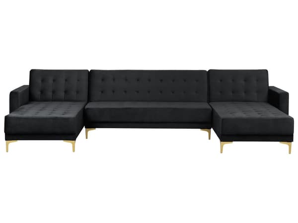 U Sofa med Dobbelt Chaiselong Sort Velour 5 Personers Sovesofa Open End Moderne Tuftet Sofa med Sovefunktion til Stue Indretning