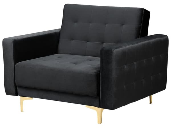 Sofagruppe Svart Fløyel 3-seters sovesofa 2 lenestoler Justerbar rygg Sovefunksjon Metallben Dekorative knapper Moderne design Stue