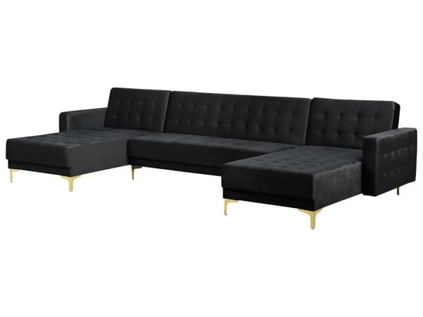 Hjørnesofa Svart Fløyel Tuftet stoff Moderne U-formet Modulær 5-seter med sjeselong