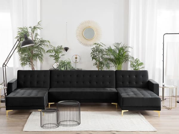 Hjørnesofa Svart Fløyel Tuftet stoff Moderne U-formet Modulær 5-seter med sjeselong