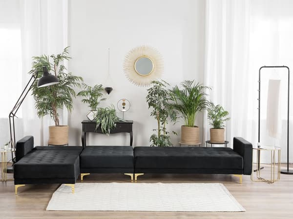 Hörnbäddsoffa Svart Sammet Tuftad Modern L-formad Modulär 5-sits Högervänd Schäslong