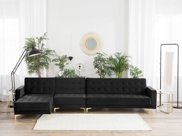 Hörnbäddsoffa Svart Sammet Tuftad Modern L-formad Modulär 5-sits Högervänd Schäslong