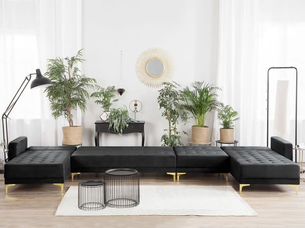 Hörnbäddsoffa Svart Sammet Tuftad Modern U-formad Modulär 6-sits