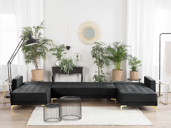 Hörnbäddsoffa Svart Sammet Tuftad Modern U-formad Modulär 5-sits Vardagsrum