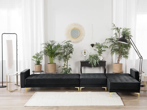 Hörnbäddsoffa Svart Sammet Tuftad Modern L-formad Modulär 5-sits Vänstervänd Schäslong
