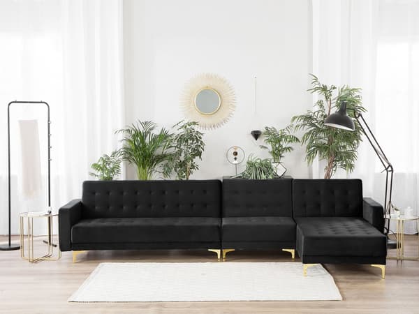 Hörnbäddsoffa Svart Sammet Tuftad Modern L-formad Modulär 5-sits Vänstervänd Schäslong