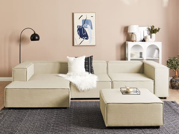 Kulmasohva beige kolmelle pellavaverhoilu oikea rahi modulaarinen moderni skandinaavinen