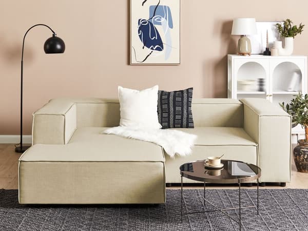 Kulmasohva beige kahdelle pellavaverhoilu oikea modulaarinen moderni skandinaavinen
