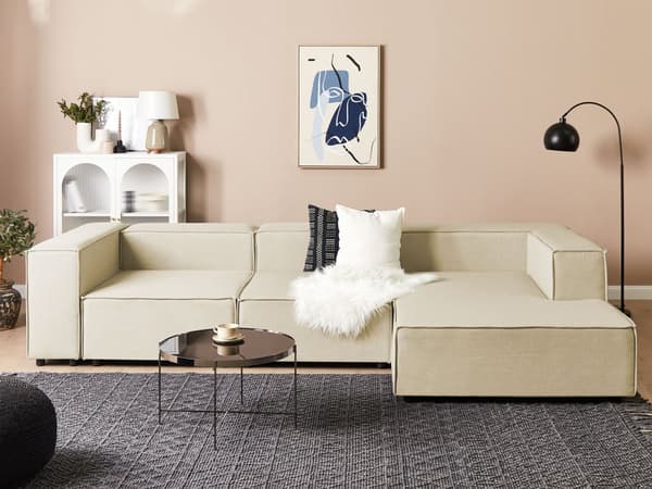 Kulmasohva beige kolmelle pellavaverhoilu vasen modulaarinen moderni skandinaavinen