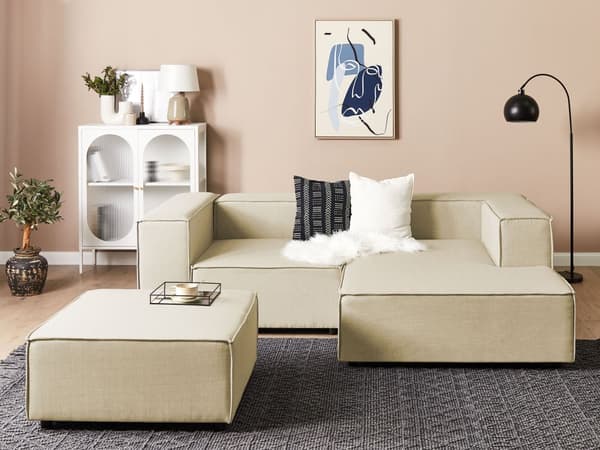 Modulær venstre sofa beige lin 2-seters hjørnesofa med fotskammel svarte ben moderne stue