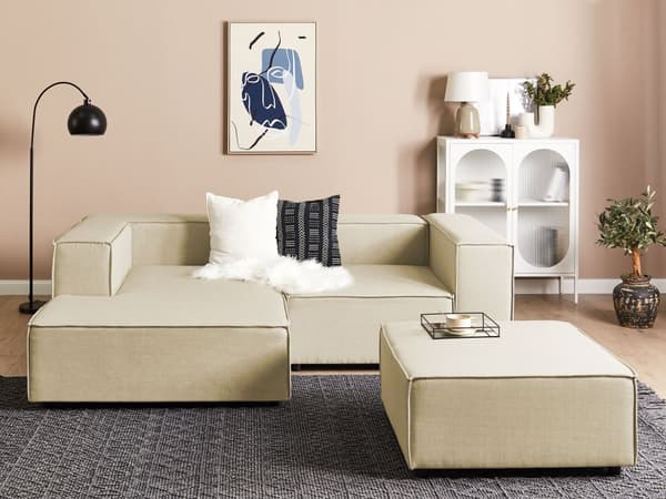 Modulsoffa med Ottoman Vänstervänd Beige Linne 2-sits Sektionerad Hörnsoffa med Svarta Ben Modernt vardagsrum
