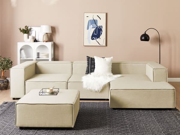 Modulär Soffa Vänstervänd Beige Linne 3-sitsig med Ottoman Sektionerad Hörnsoffa med Svarta Ben Modernt Vardagsrum