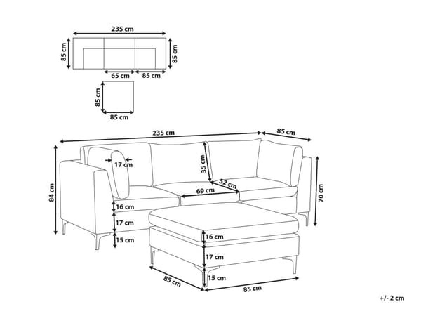 Modulär Soffa Rosa Sammet 3-sits med Fotpall Silver Metall Ben