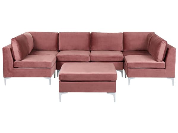 Modulär Soffa Rosa med Fotpall Sammet U-formad 6-sits Silver Metall Ben Glam