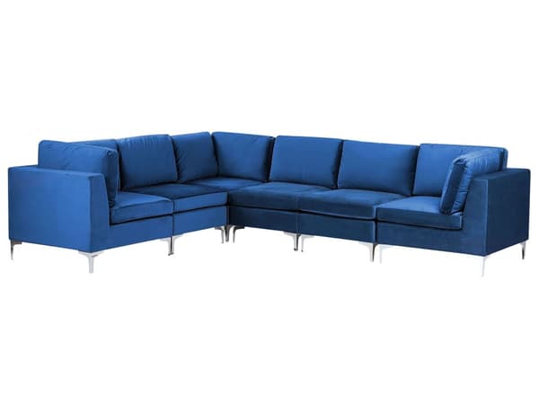 Högervänd Modulär Hörnsoffa Blå Sammet 6-sits L-formad Silver Metall Ben Glam Stil