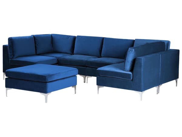 Modulär Soffa Blå med Fotpall Sammet U-formad 6-sits Silver Metall Ben Glam