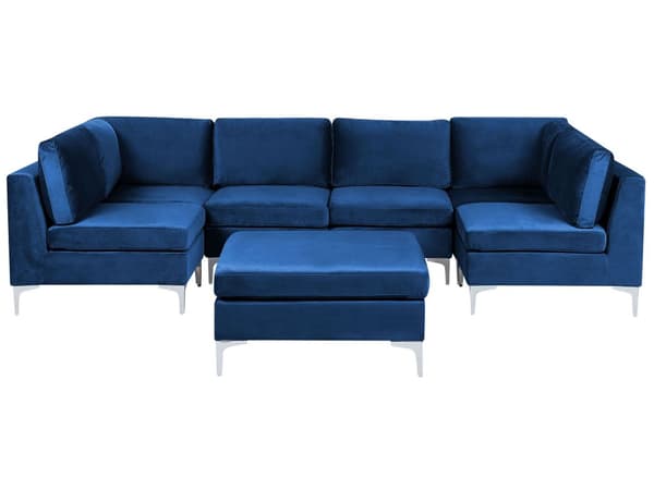 Modulär Soffa Blå med Fotpall Sammet U-formad 6-sits Silver Metall Ben Glam