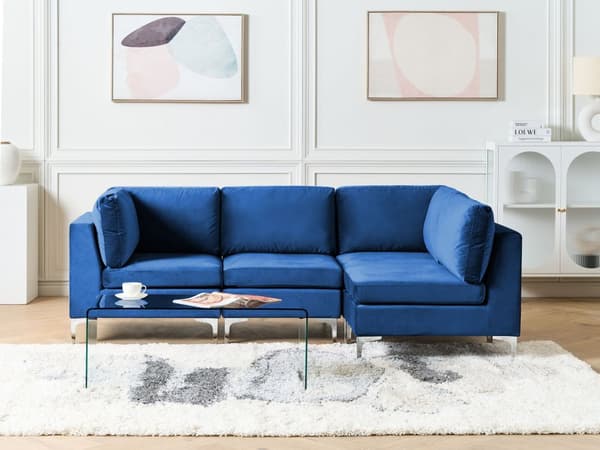 Vänstervänd Modulär Hörnsoffa Blå Sammet 4-sits L-formad Silver Metall Ben Glam Stil