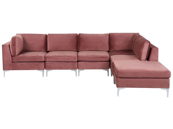 Vänstervänd Modulär Hörnsoffa med Fotpall Rosa Sammet 5-sits L-formad Silver Metall Ben Glam Stil