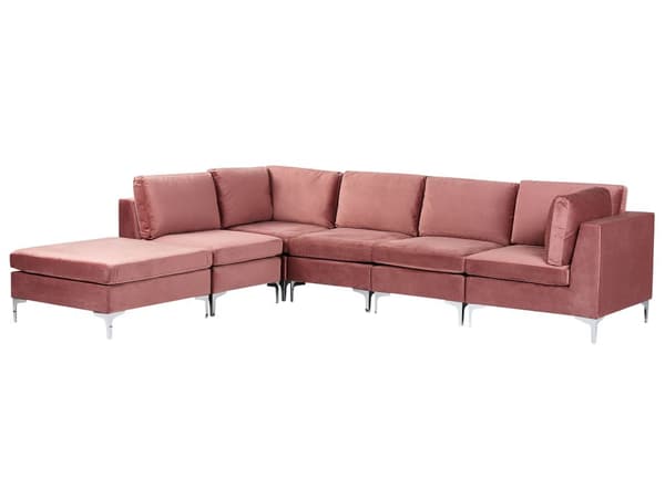 Högervänd Modulär Hörnsoffa med Fotpall Rosa Sammet 5-sits L-formad Silver Metall Ben Glam Stil
