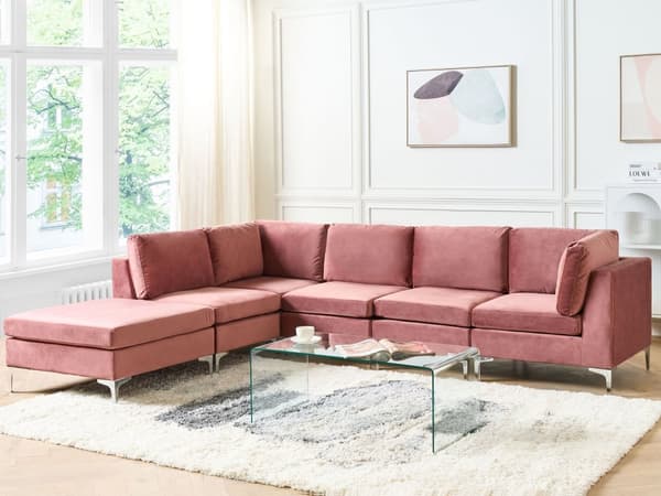 Högervänd Modulär Hörnsoffa med Fotpall Rosa Sammet 5-sits L-formad Silver Metall Ben Glam Stil