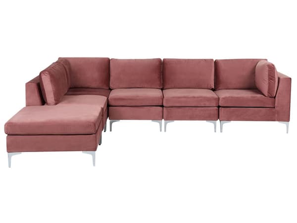 Högervänd Modulär Hörnsoffa med Fotpall Rosa Sammet 5-sits L-formad Silver Metall Ben Glam Stil