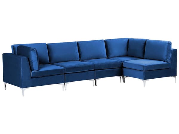 Vänstervänd Modulär Hörnsoffa Blå Sammet 5-sits L-formad Silver Metall Ben Glam Stil