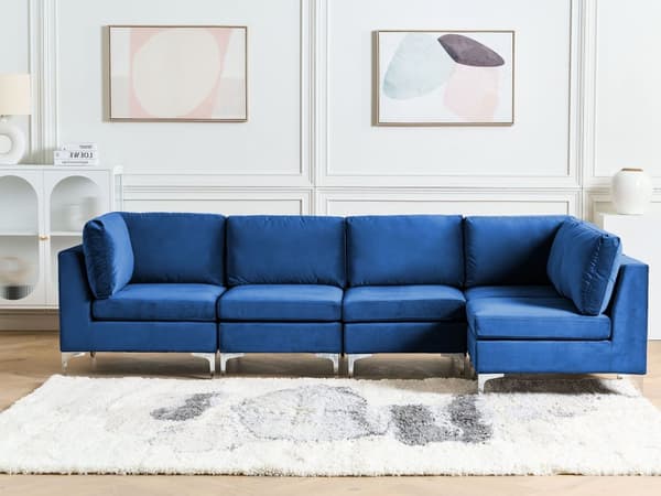 Vänstervänd Modulär Hörnsoffa Blå Sammet 5-sits L-formad Silver Metall Ben Glam Stil