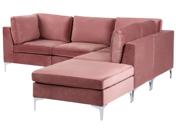 Vänstervänd Modulär Hörnsoffa med Fotpall Rosa Sammet 4-sits L-formad Silver Metall Ben Glam Stil