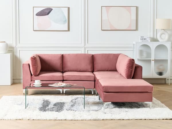 Vänstervänd Modulär Hörnsoffa med Fotpall Rosa Sammet 4-sits L-formad Silver Metall Ben Glam Stil