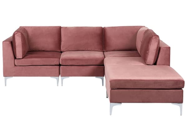 Vänstervänd Modulär Hörnsoffa med Fotpall Rosa Sammet 4-sits L-formad Silver Metall Ben Glam Stil
