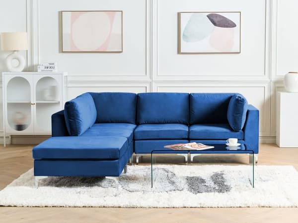 Kulmasohva laivastonsininen 235 x 84 x 150 cm sametti metalli puu neljälle moduuli oikea rahi moderni