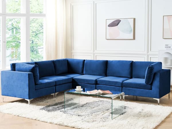 Kulmasohva laivastonsininen 300 x 84 x 235 cm sametti metalli puu kuudelle moduuli oikea moderni