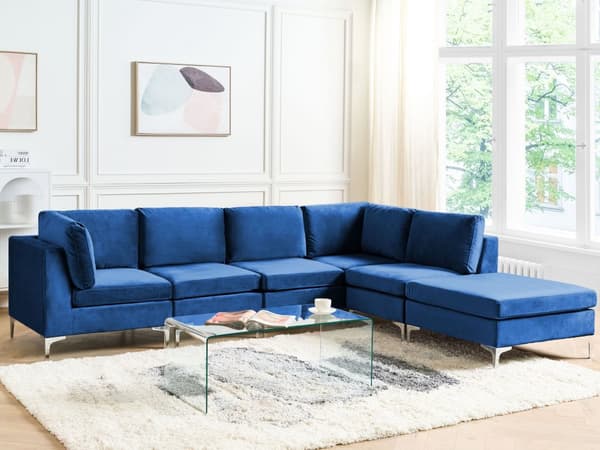 Kulmasohva laivastonsininen 300 x 84 x 150 cm sametti metalli puu viidelle moduuli vasen rahi moderni