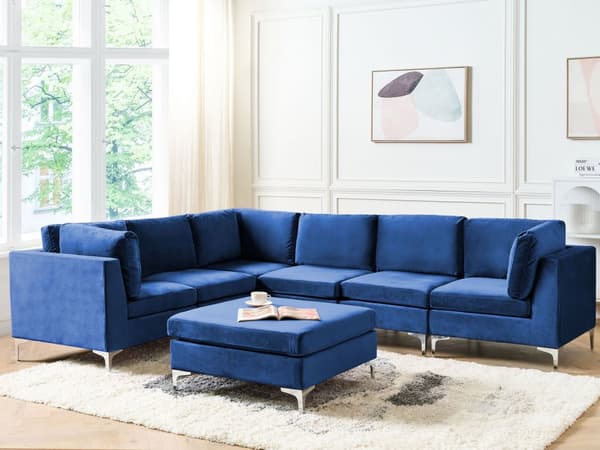 Kulmasohva laivastonsininen 300 x 84 x 235 cm sametti metalli puu kuudelle moduuli oikea rahi moderni