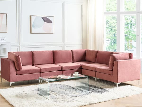 Kulmasohva vaaleanpunainen 300 x 84 x 235 cm sametti metalli puu kuudelle moduuli vasen moderni
