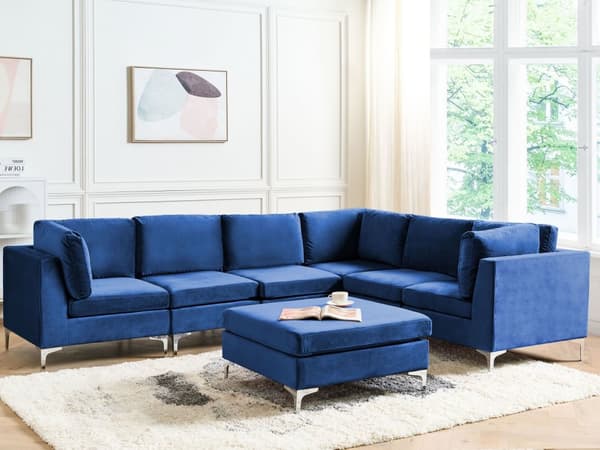 Kulmasohva laivastonsininen 300 x 84 x 235 cm sametti metalli puu kuudelle moduuli vasen rahi moderni