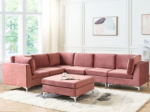 Hjørnesofa Lyserød Velour Forkromet Metalben 6 Personers Designer Blød Moderne Sofa med Fodskammel til Stue Modulsofa Indretning Høj Kvalitet