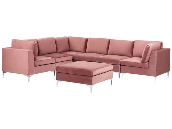 Hjørnesofa Lyserød Velour Forkromet Metalben 6 Personers Designer Blød Moderne Sofa med Fodskammel til Stue Modulsofa Indretning Høj Kvalitet