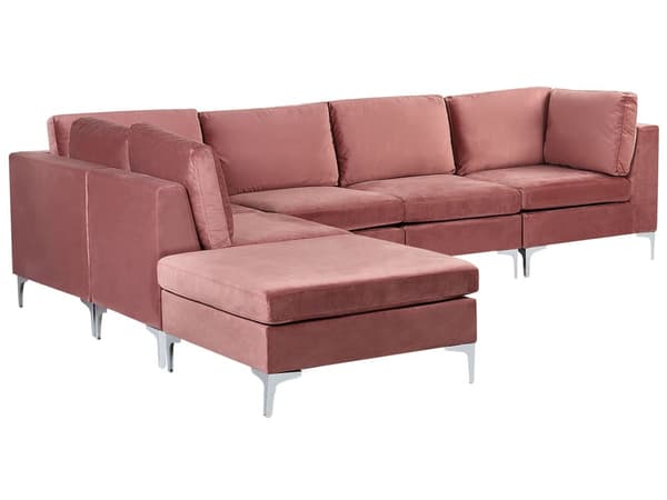 Hjørnesofa Lyserød Velour Forkromet Metalben 4 Personers Designer Blød Moderne Sofa med Fodskammel til Stue Modulsofa Indretning Høj Kvalitet