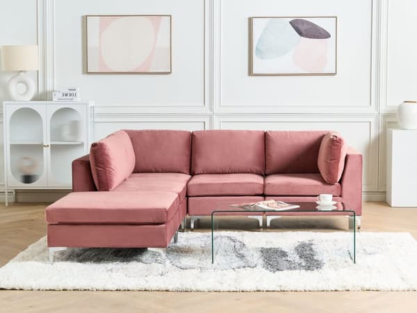 Hjørnesofa Lyserød Velour Forkromet Metalben 4 Personers Designer Blød Moderne Sofa med Fodskammel til Stue Modulsofa Indretning Høj Kvalitet
