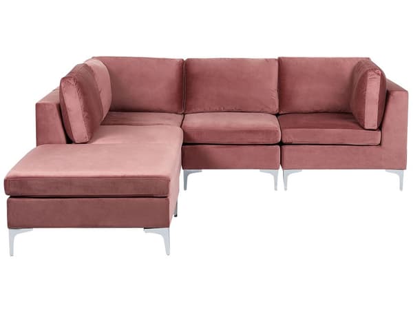 Hjørnesofa Lyserød Velour Forkromet Metalben 4 Personers Designer Blød Moderne Sofa med Fodskammel til Stue Modulsofa Indretning Høj Kvalitet