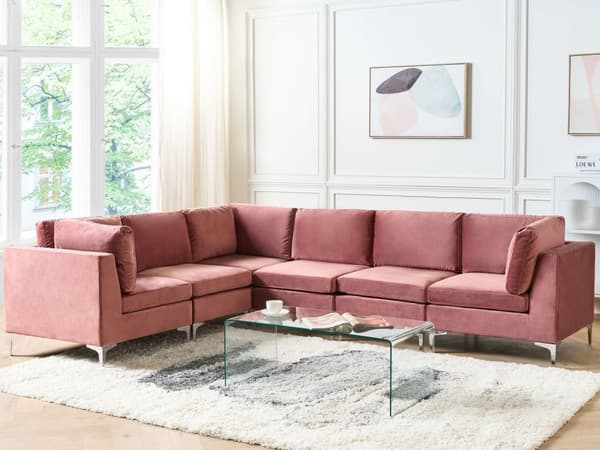 Hjørnesofa Lyserød Velour Forkromet Metalben 6 Personers Designer Blød Moderne Sofa til Stue Modulsofa Indretning Høj Kvalitet