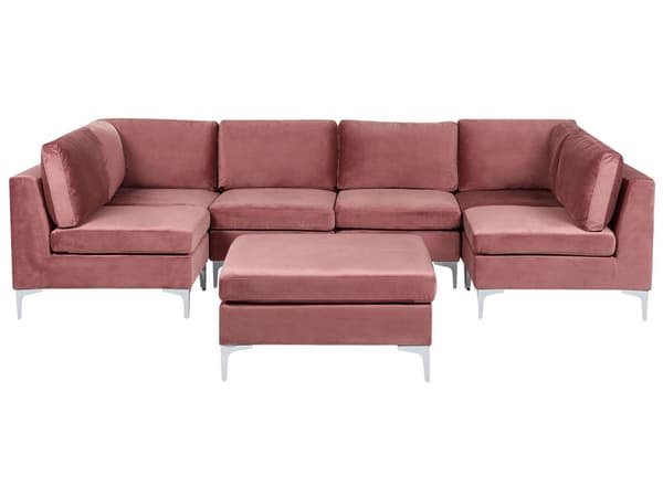 U Sofa Lyserød Velour Forkromet Metalben 6 Personers Designer Blød Klassisk Sofa Moderne Modulsofa til Stue Indretning Høj Kvalitet