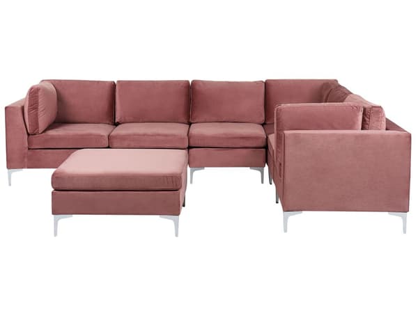Hjørnesofa Lyserød Velour Forkromet Metalben 6 Personers Designer Blød Moderne Sofa med Fodskammel til Stue Modulsofa Indretning Høj Kvalitet