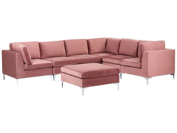 Hjørnesofa Lyserød Velour Forkromet Metalben 6 Personers Designer Blød Moderne Sofa med Fodskammel til Stue Modulsofa Indretning Høj Kvalitet
