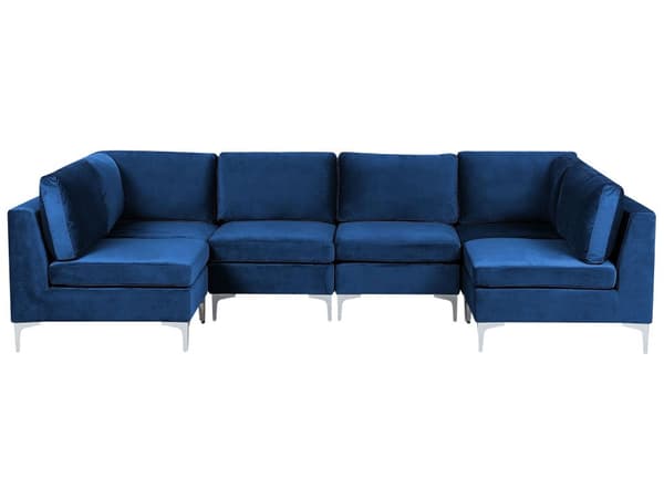 U Sofa Blå Velour Forkromet Metalben 6 Personers Designer Blød Klassisk Sofa Moderne Modulsofa til Stue Indretning Høj Kvalitet