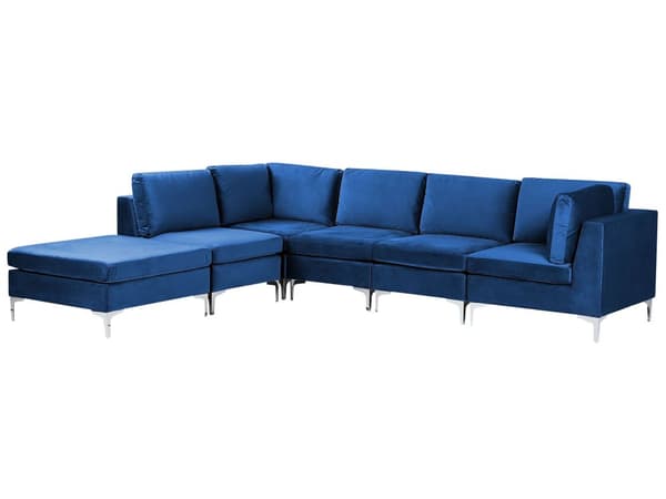 Hjørnesofa Blå Velour Forkromet Metalben 5 Personers Designer Blød Moderne Sofa med Fodskammel til Stue Modulsofa Indretning Høj Kvalitet