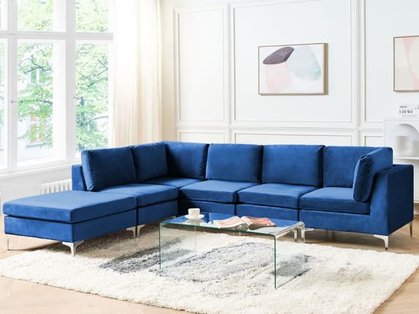 Hjørnesofa Blå Velour Forkromet Metalben 5 Personers Designer Blød Moderne Sofa med Fodskammel til Stue Modulsofa Indretning Høj Kvalitet